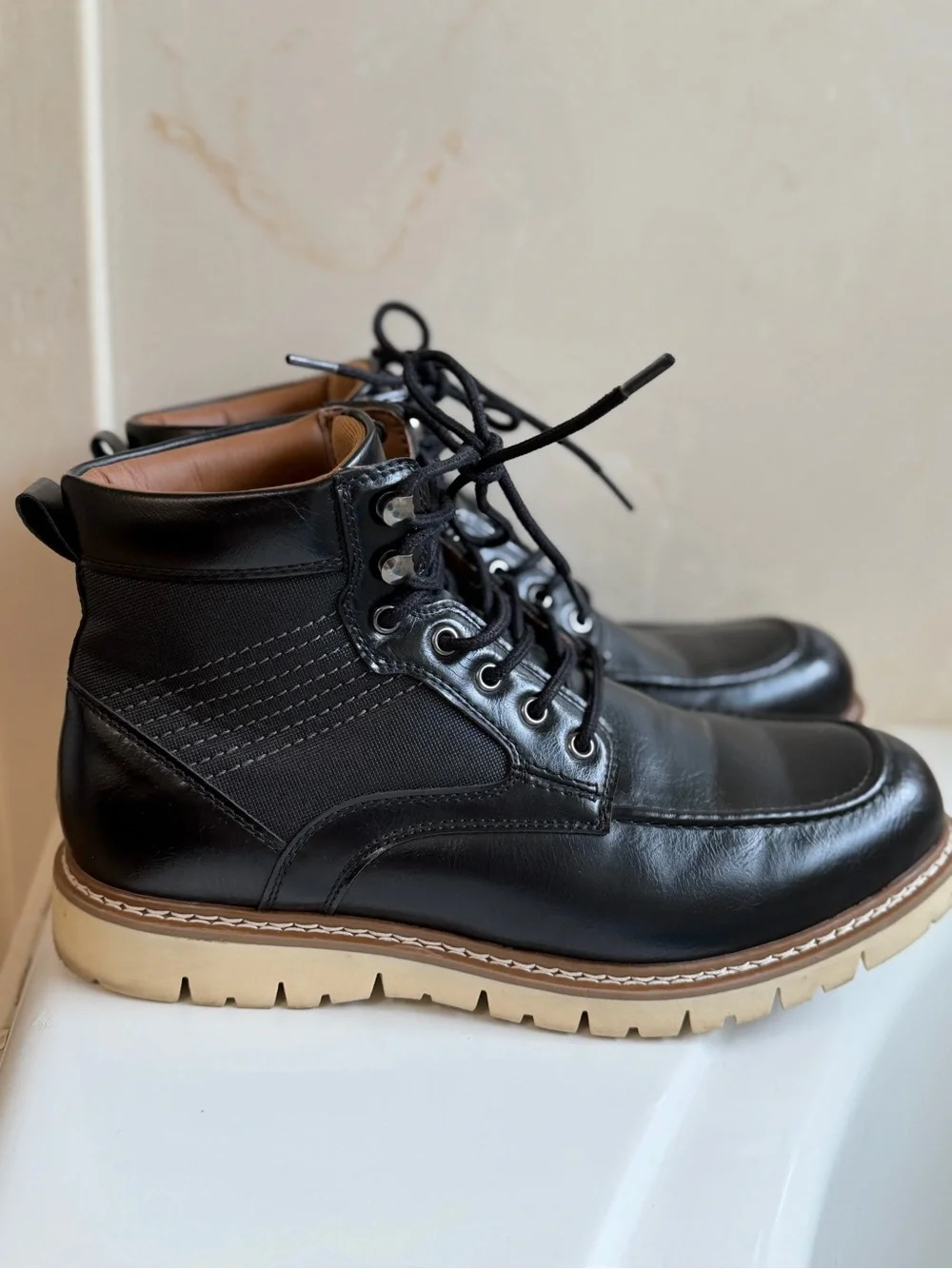 Steve Madden Black Leather Moc-Toe Lace-Up Boots with Tan Crepe Sole